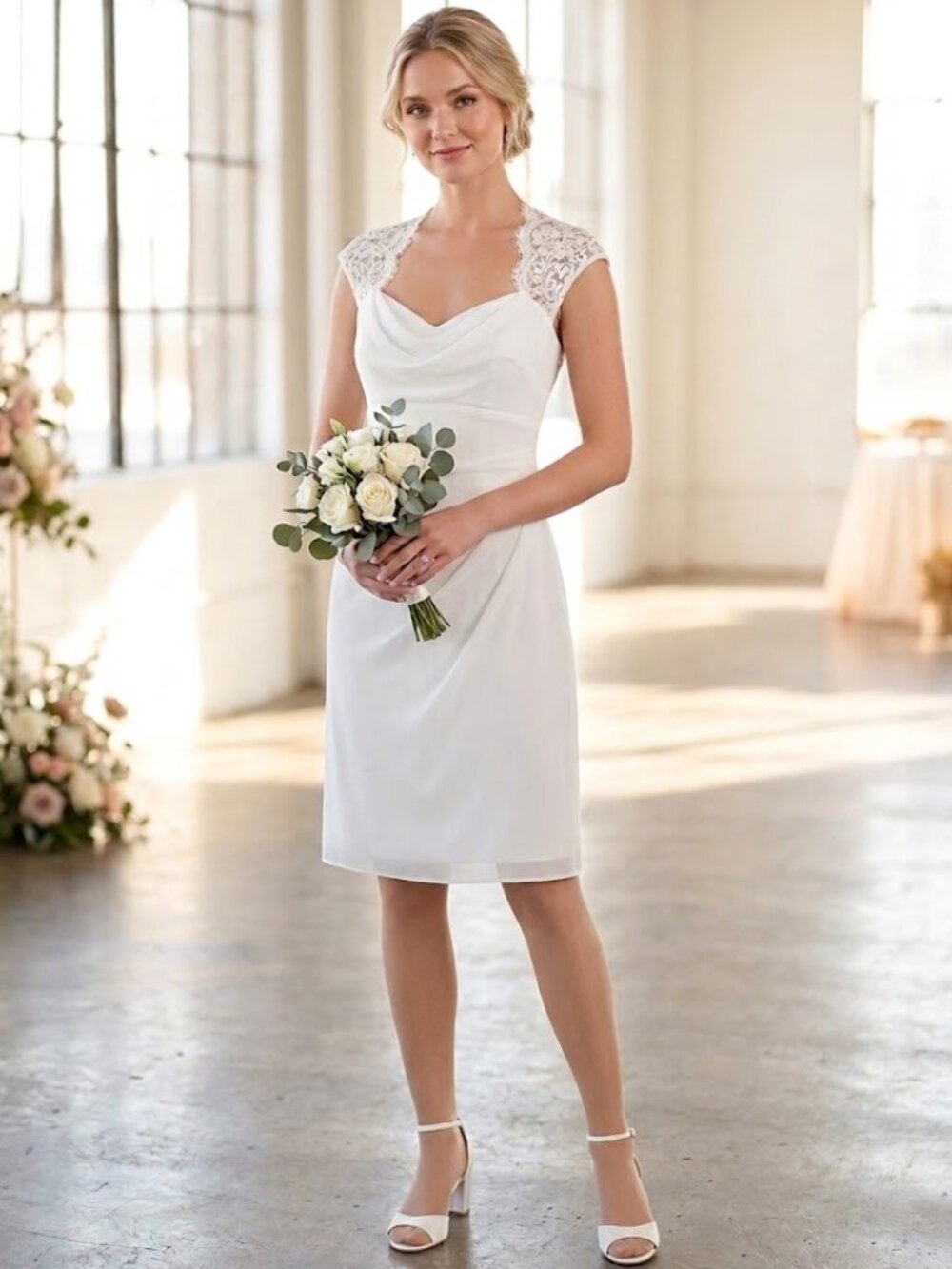 DB Studio Mesh Midi Wedding Dress with Lace Cap Sleeves & Keyhole Back (Altered)
